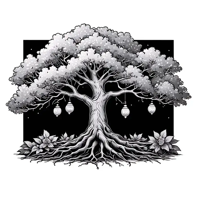 tree with birthdays on limbs base and roots tattoo design idea