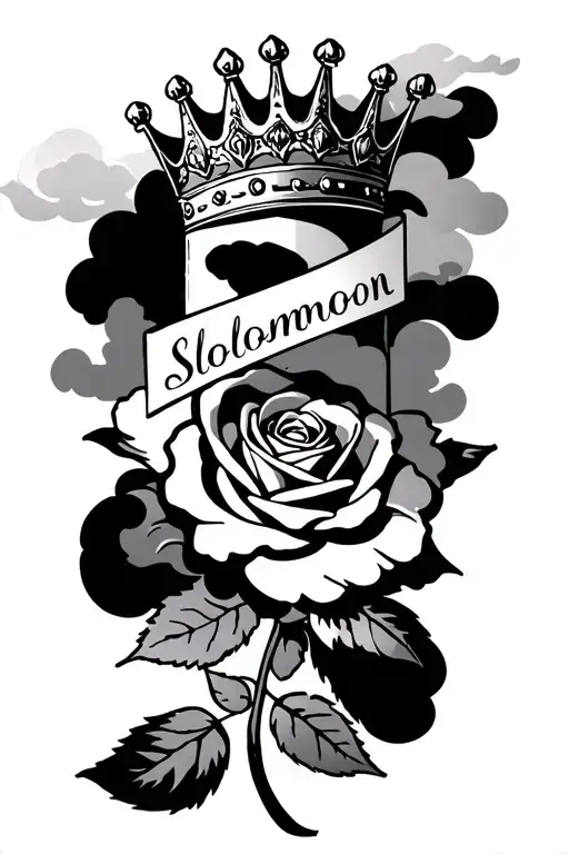 solomon in cursive going down on the forearm with a King crown on the s with clouds shading it leading down to a rose  tattoo design idea