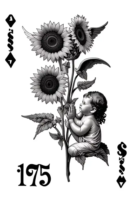 Four Sunflowers Year 1975 In each sunflower a number of the year and angel baby with wings praying for money, letters poker tattoo design idea