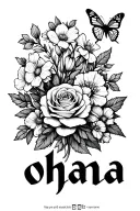   word ohana surrounded by hawthorn, rose, primrose, narcissus, marigold flowers and butterflies  tattoo design idea