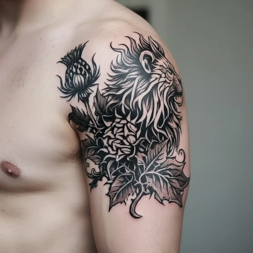 Combine a rampant lion and a Scottish thistle in a unique way tattoo design idea