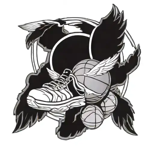 A basketball with wings and a halo, symbolizing the client's love for the sport and the memory of their grandma watching over them tattoo design idea