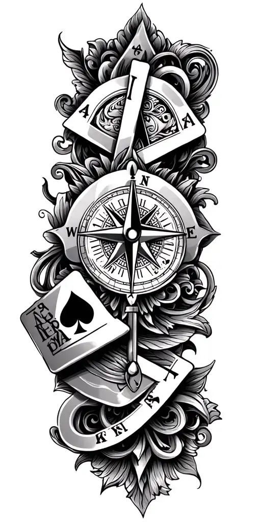 filigree design with playing cards, compass and clock tattoo design idea
