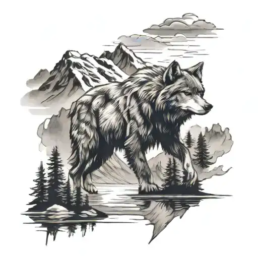 canadian mountains, wolf, bear, lake, eagle soaring tattoo design idea