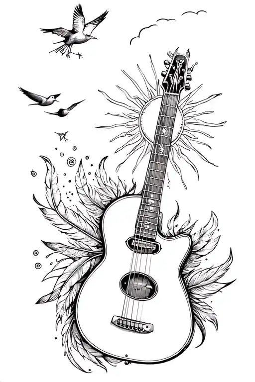 guitar with feathers and birds and a sun  tattoo design idea