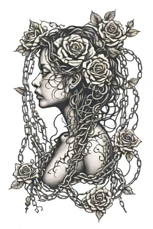 Silhouette of a naked girl, roots growing out of chains, roses tattoo design idea