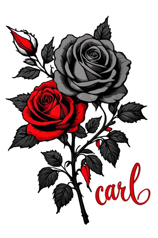 roses and honeysuckle carl written on the stem in cursive in red tattoo design idea