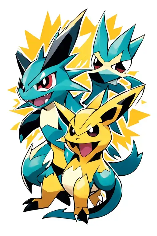 Design a visual stunning forearm tattoo using these Pokemon. Venasaur, solgaleo, lucario, zeraora, greninja, and umbreon tattoo design idea