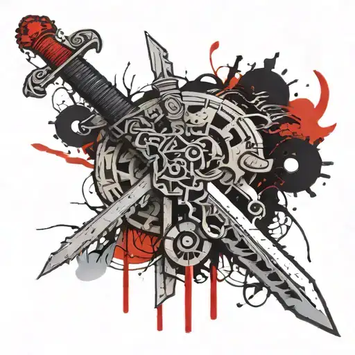 An abstract tattoo design featuring a traditional Sri Lankan sword (such as a Kris or similar) embedded within the roots tattoo design idea