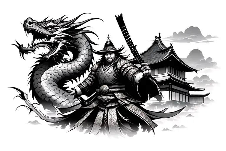 Japanese samurai warrior Japanese dragon Japanese building in background tattoo design idea