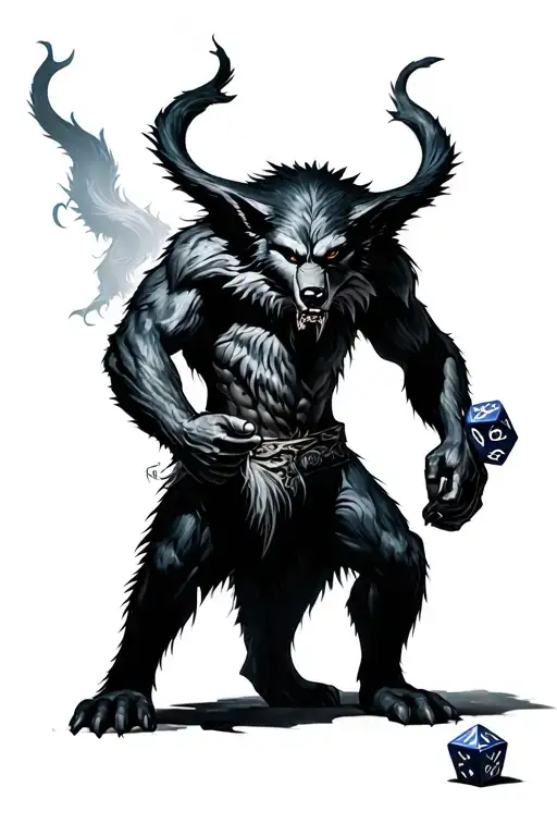 Werewolf holding D20 dice tattoo design idea