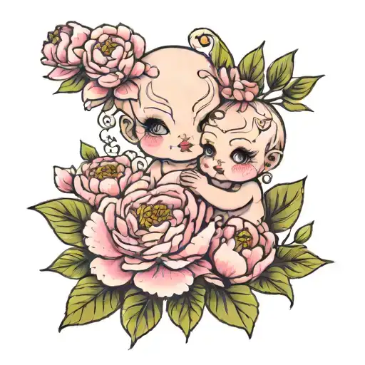 peony and kewpie doll tattoo design idea