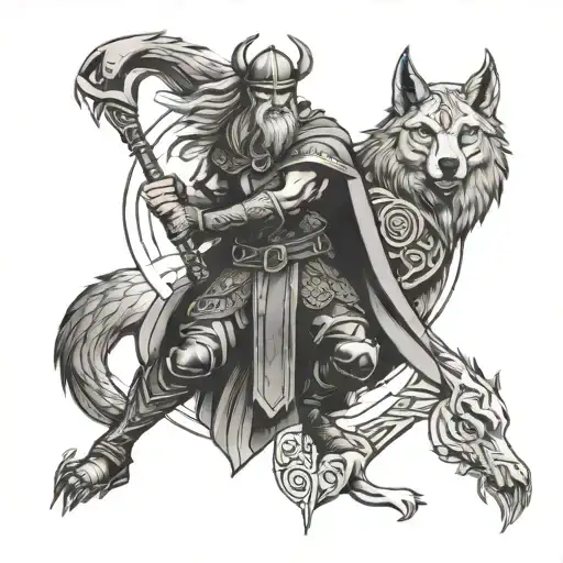 viking with crow and wolf and runes tattoo design idea