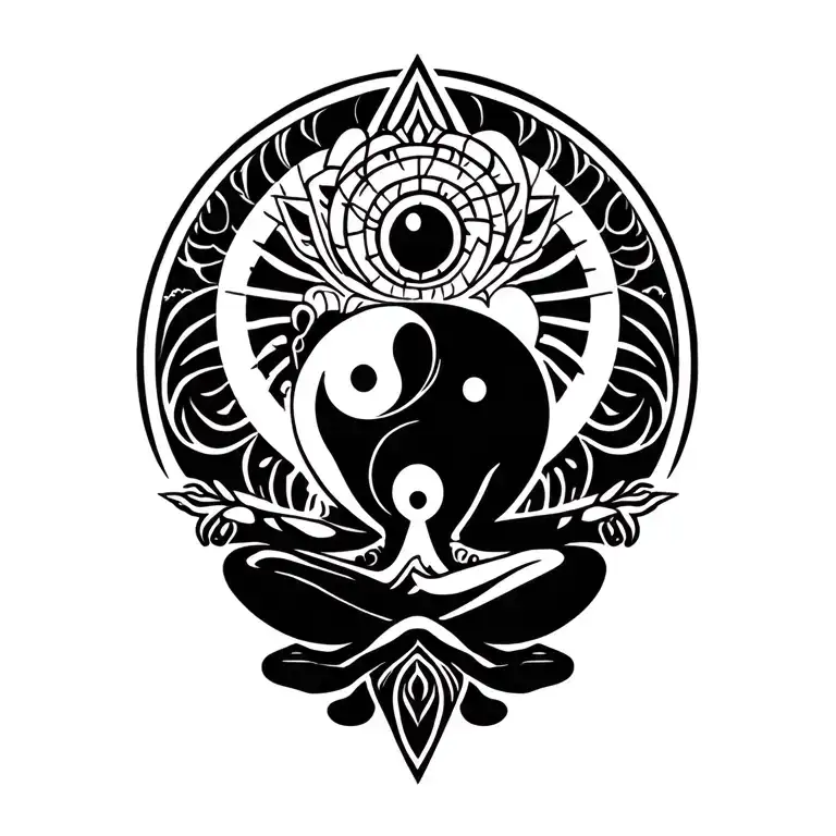 spiritual 3 eye alien meditating with geometric yinyang tattoo design idea