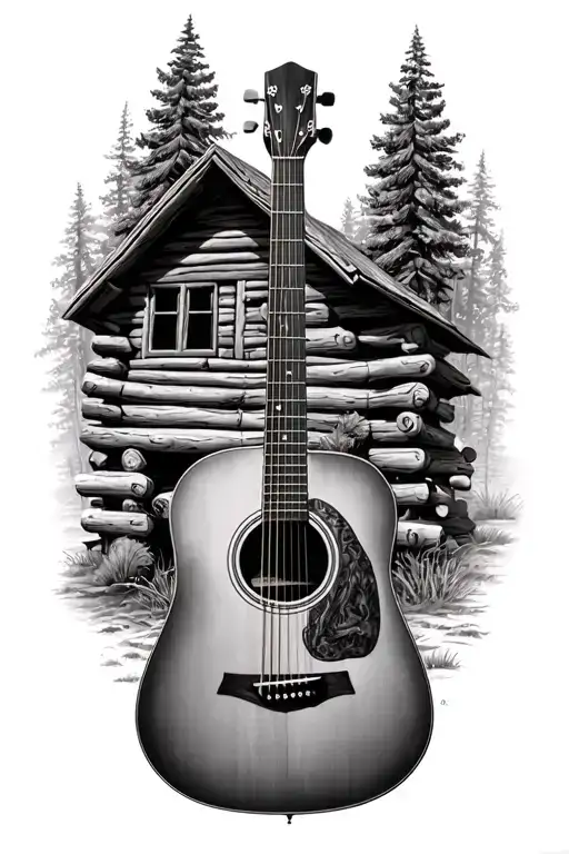 accoustic guitar surrounded by log cabin scene  tattoo design idea