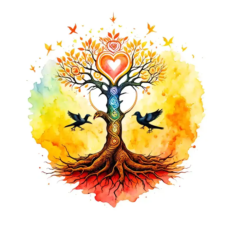 tree of life, love heart in roots, charkras up trunk, snake weaving around charkras, phoenix rising out of ashs at base  tattoo design idea