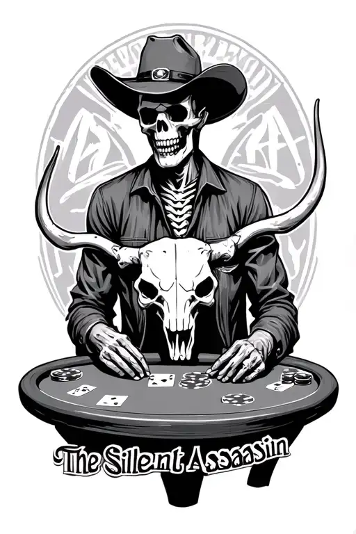 skeleton cowboy at poker table with longhorn skull on wall in a bar setting. adding text "The Silent Assassin" tattoo design idea