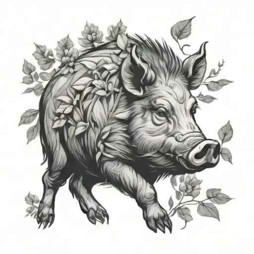 inquisitive boar portrait surrounded by foliage tattoo design idea