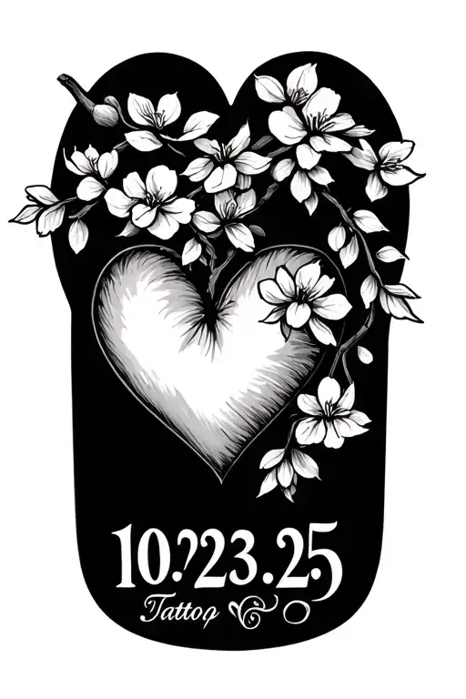 heart with cherry blossoms with the date 10/23/25 tattoo design idea
