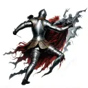 A warrior in armor fighting off shadowy figures, representing the battle against depression and inner demons tattoo design idea