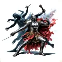 A warrior in armor fighting off shadowy figures, representing the battle against depression and inner demons tattoo design idea