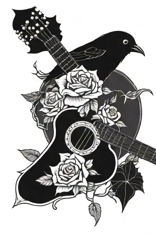 black bird next to rose and accoustic guitar  tattoo design idea