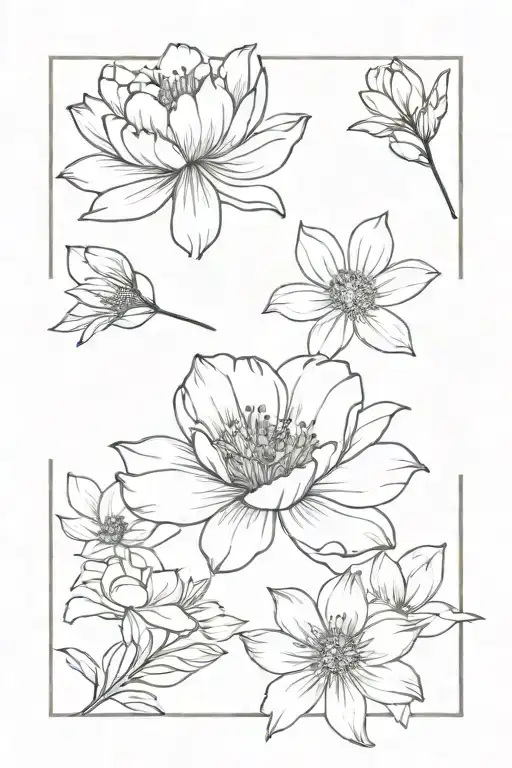 peonies & cosmos flowers small tattoo design idea