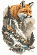 orange Fox on a mountain landscape featuring waterfall  tattoo design idea