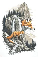 orange Fox on a mountain landscape featuring waterfall  tattoo design idea