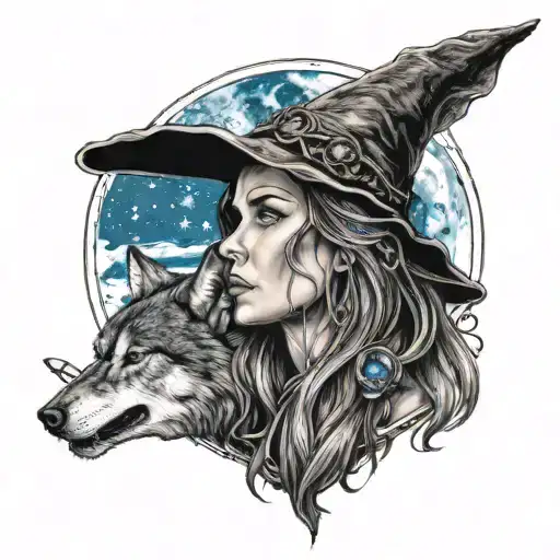 a woman witch with wolf howling at the moon with blue eyes  tattoo design idea
