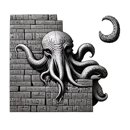 stone carved wall of cthulhu in eternal sleep inside of an ancient egyptian temple. tattoo design idea