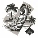 Forearm sleeve piece with flower base, buddha meditating, waves crashing on the beach, palm tree, diamond tattoo design idea