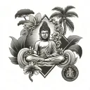 Forearm sleeve piece with flower base, buddha meditating, waves crashing on the beach, palm tree, diamond tattoo design idea