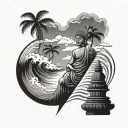Forearm sleeve piece with flower base, buddha meditating, waves crashing on the beach, palm tree, diamond tattoo design idea