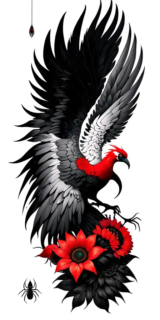 feminine phoenix rising wings spread long flowing tail feathers with sunflowers, lotus and red spider Lilly flower tattoo design idea