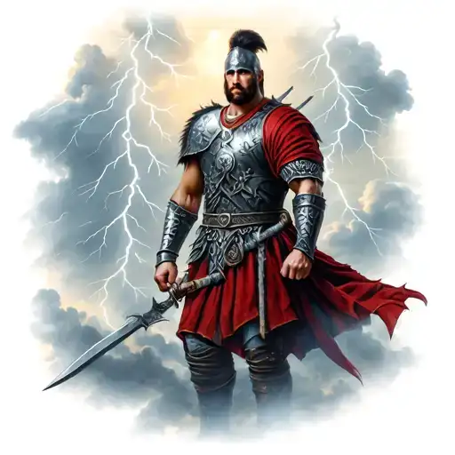 Slavic warrior in full height on the background of lightning and clouds  tattoo design idea