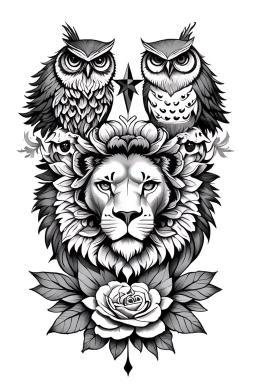 star of ishtar, one lion, two owls, 8 petal rosette tattoo design idea