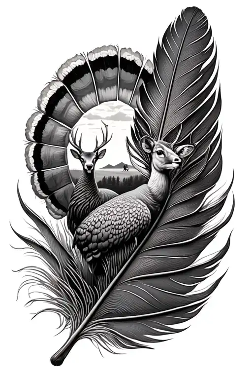 turkey feather with deer scene in the middle tattoo design idea