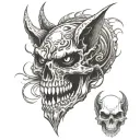 demon cat with white eyes and demon wings covering his body at the background of a skull with his tail going through tattoo design idea