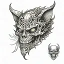 demon cat with white eyes and demon wings covering his body at the background of a skull with his tail going through tattoo design idea