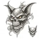 demon cat with white eyes and demon wings covering his body at the background of a skull with his tail going through tattoo design idea