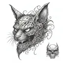demon cat with white eyes and demon wings covering his body at the background of a skull with his tail going through tattoo design idea