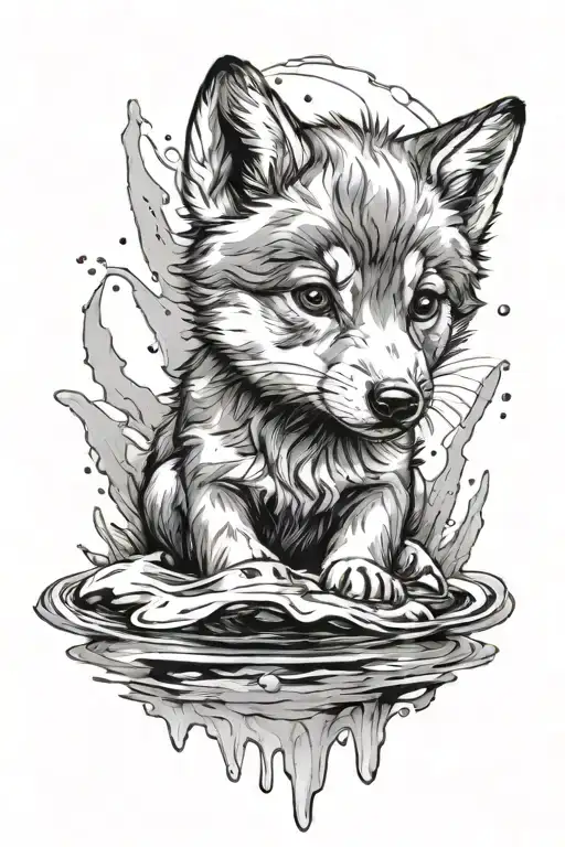 baby wolf looking in water tattoo design idea