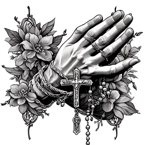 pray hand and rosary wrapped tattoo design idea