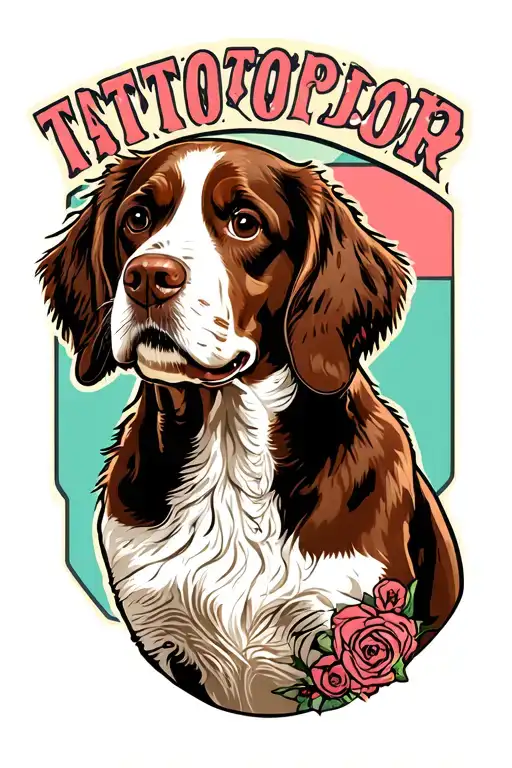 tattooed pin up dog groomer with a welsh Springer spaniel, golden retriever and German shorthaired pointer tattoo design idea