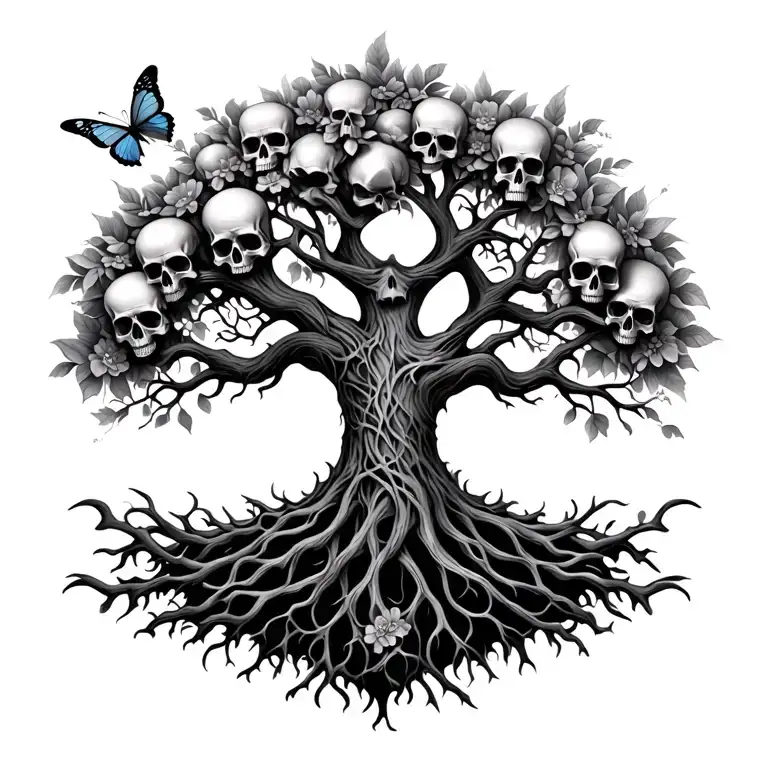 tree of life with skulls and butterflies surrounding tattoo design idea