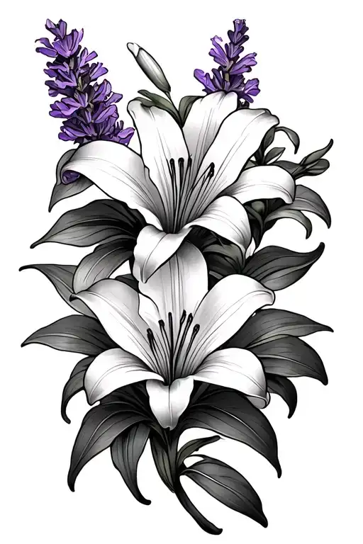 a lily flower, and a lavender flower and a orchid flower minimal but still amazing tattoo design idea