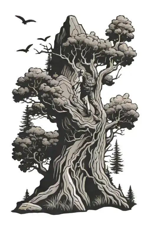 hiker in tree frame  tattoo design idea