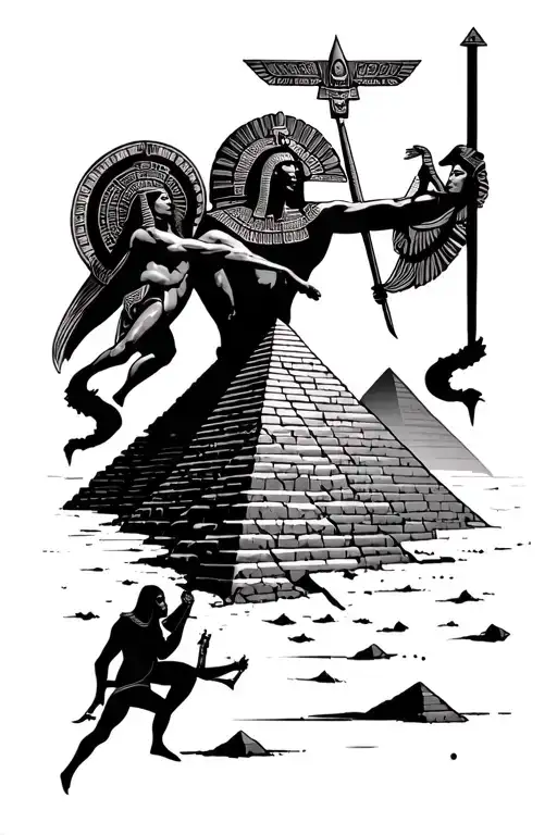 Egyptian gods battling over a pyramid surrounded tattoo design idea