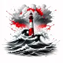 lighthouse inside a rum bottle with japanese style waves breaking around it and storm clouds above it tattoo design idea